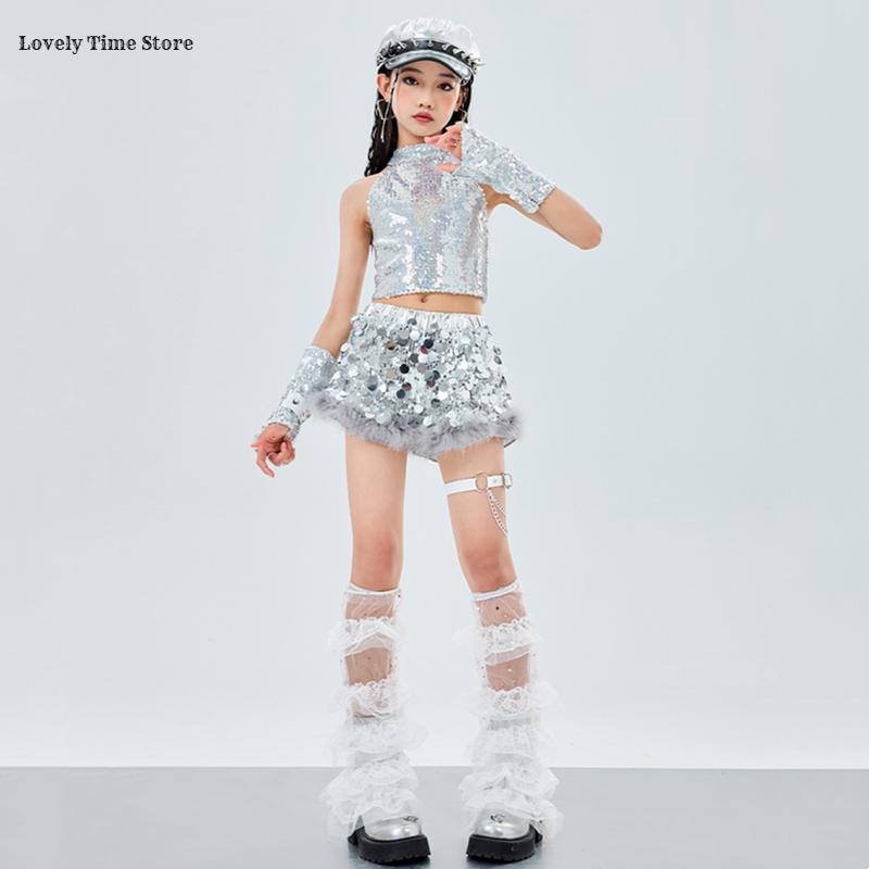 Hip Hop Girls Shiny Silver Crop Top Street Dance Sequin Shorts Kid K-pop Jazz Clothes Set Children Girl Group Streetwear Costume