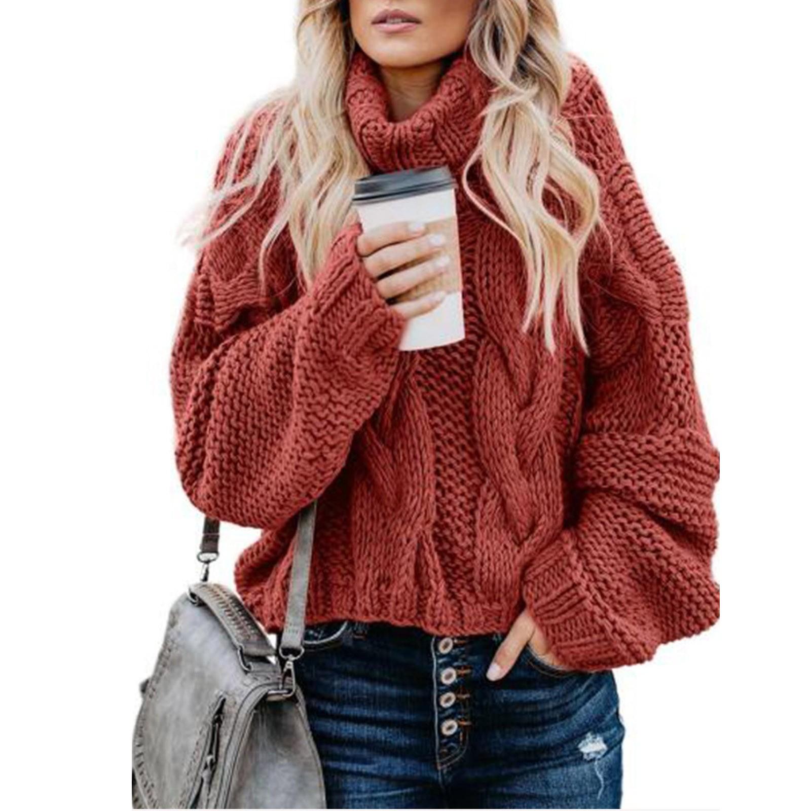 Женская повседневная водолазка с длинным рукавом пуловер массивной вязки свитер джемпер топы свитер XXL красный 2718₽