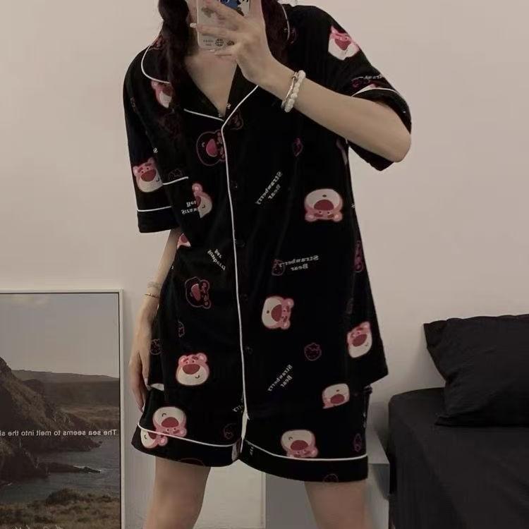 

Cute sweet strawberry bear girl pajamas summer short sleeves shorts cardigan set Korean student dormitory loungewear S [recommended weight 35-40kg ]