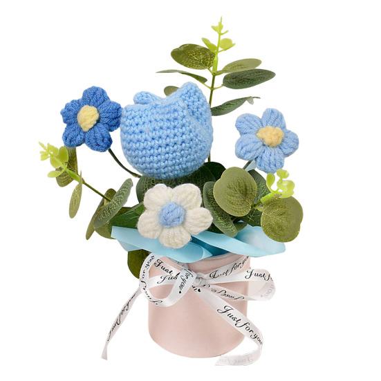 Crochet Flower Bouquet Handmade Artificial Knitted Bouquet Fake Sunflower Carnation Tulip Puff Flowers Gifts for Mother Wife On Birthday Anniversary