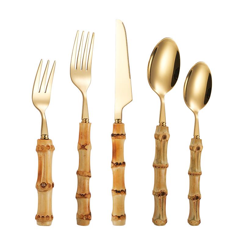 Retro Bambushandtag 304 Rostfritt Stål Bestickset - Kniv, Gaffel och Sked