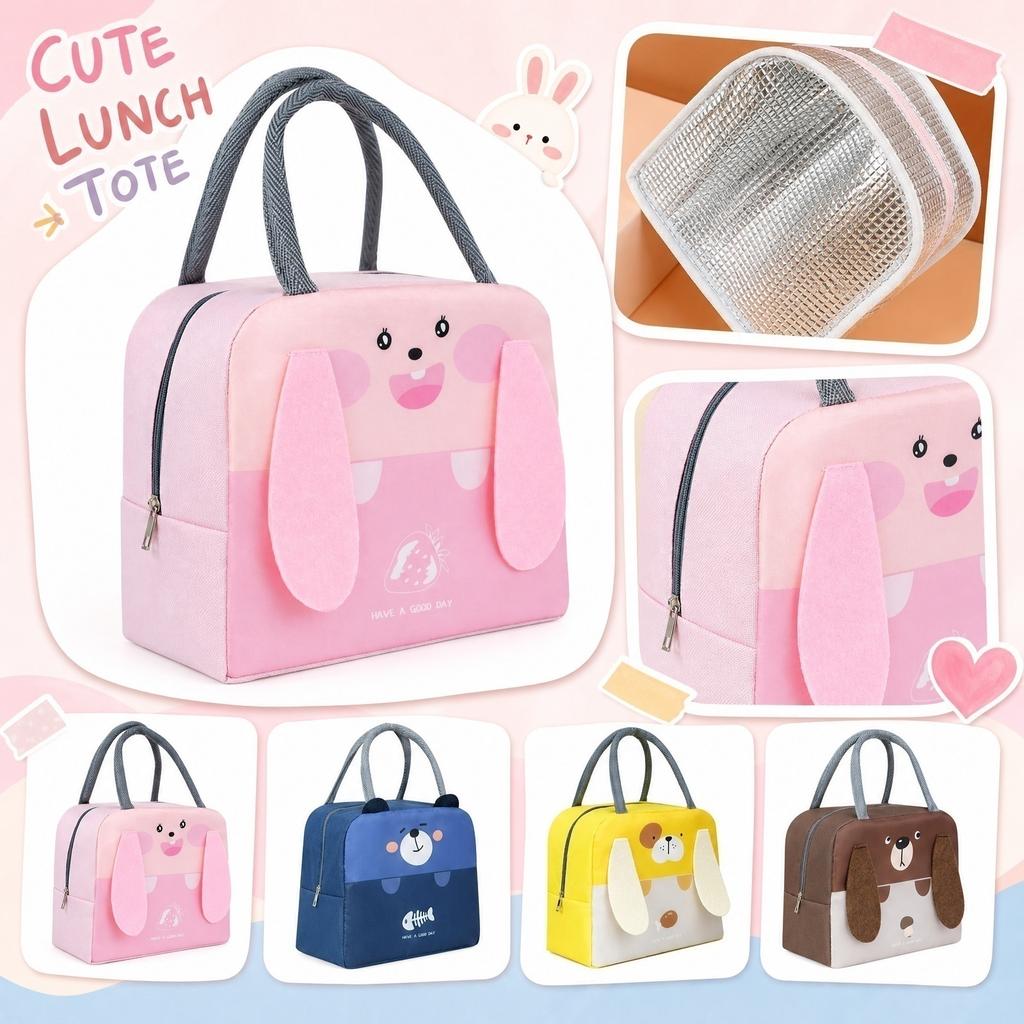 Oxford Fabric Cartoon Lunch Bag Insulated Portable Handheld Lunch Box with Zipper Closure and Soft Handles for Daily Use and Outdoor Activities