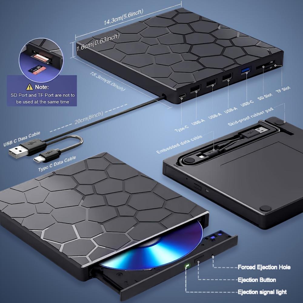 Multifunctional External Optical Drive DVD Burner 7-in-1 USB3.0  Can Be Connected To an External U Disk and Can Be Inserted Into a Card for Expansion