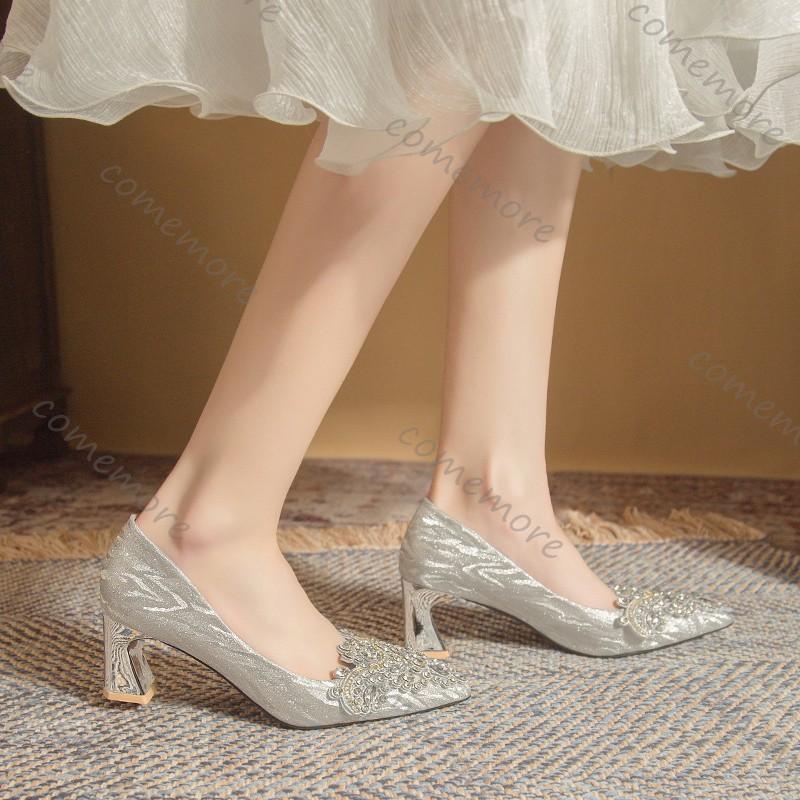 Fashion Comemore High Heel Women's Shoes Temperament Spring Autumn Crystal Silver Champagne Pointed Toe Pumps for Women Party Dress Shoe