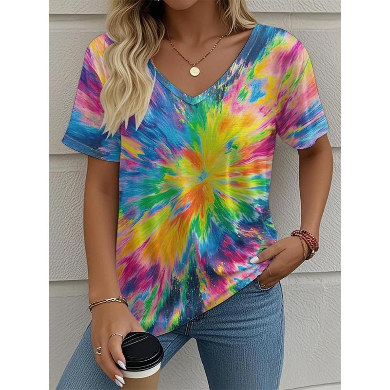 Women's T-Shirt Tie-Dye Gradient Printing Fashion Casual V-Neck Short-Sleeved Outdoor Street Summer Women's Clothing