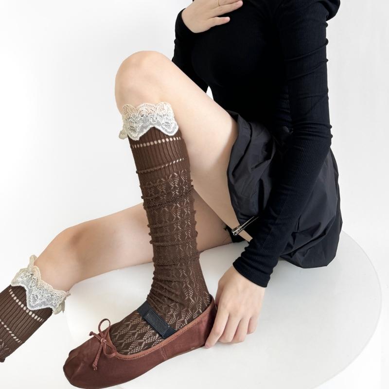 Women Nylon Stretch Thigh High Stockings With Lace Trim and Mesh Detailing Hollowout Over the Knee Socks for Daily Use