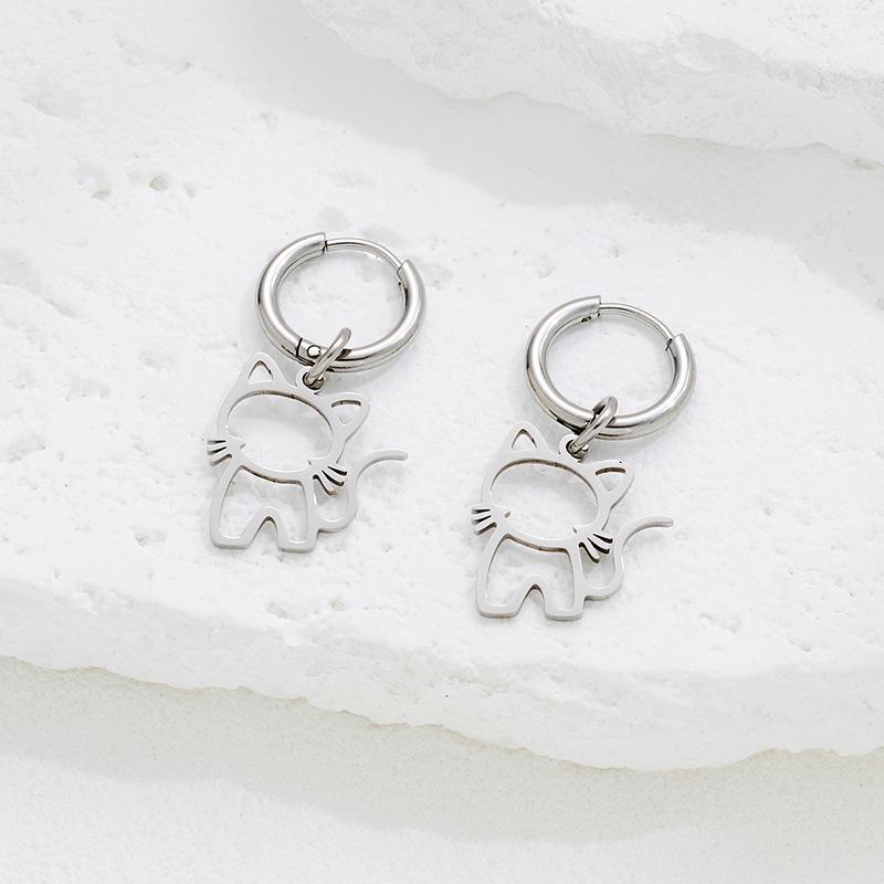 Cute Cartoon Cat Pendant Stainless Steel Earrings