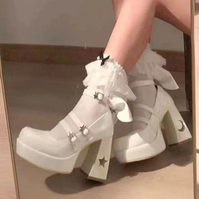 Spring Punk Y2k Chunky Platform High Heels Pumps Women Thick Heel Mary Jane Lolita Shoes Woman Patent Leather Cosplay Shoes