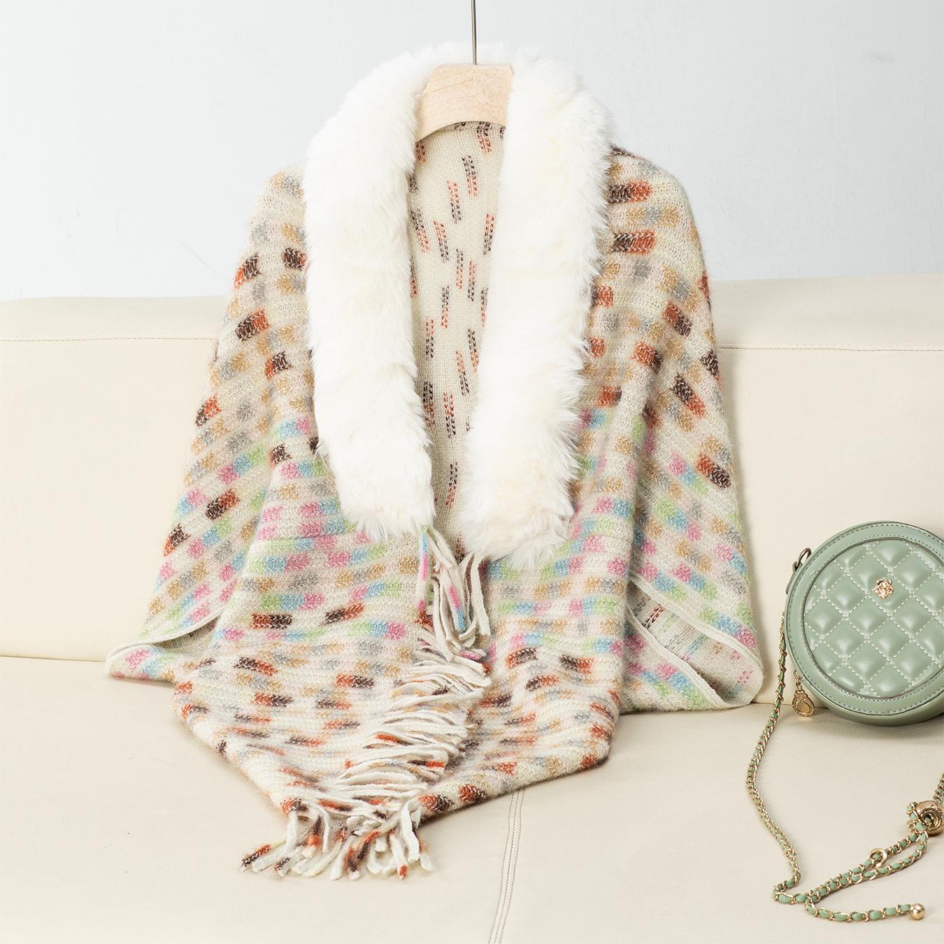 

Rose Beauty Новый модный теплый меховой воротник шаль вязаный свитер кардиган плащ снаружи женский плащ с кисточками F абрикосовый