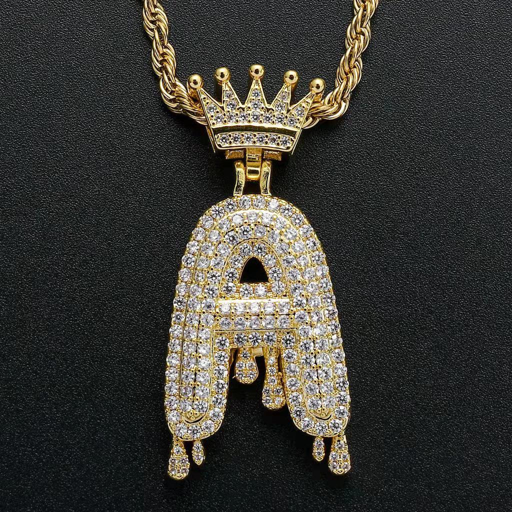 Stylish Hip Hop Zircon Crown Pendant Necklace with 26 English Letters for Women
