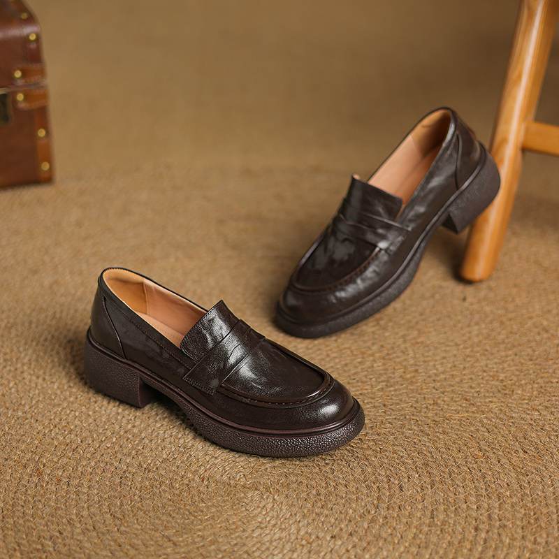 Krazing Pot Sheepskin Autumn Winter Shoes Slip on Chunky Heels Oxford Shoes Size 43 Round Toe Deep Mouth Waterproof Pumps