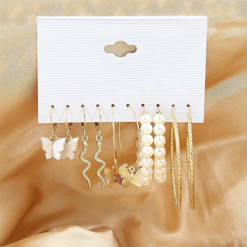 2024 European & American Fashion: Exaggerated Pearl & Crystal Butterfly Stud Earrings - 6 Pairs Set for Women