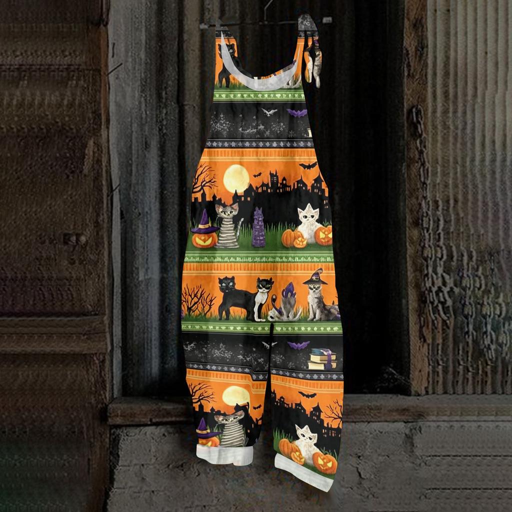 Women Halloween Print Loose Fit Vintage Style Overalls Casual Linen Blend Sleeveless Wide Leg Jumpsuit with Adjustable Straps