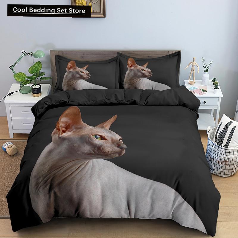 Sphynx Cat King Queen Duvet Cover Lovely Pet Kitty Bedding Set for Kids Teens Adults Animal Grey 2/3pcs Polyester Quilt Cover