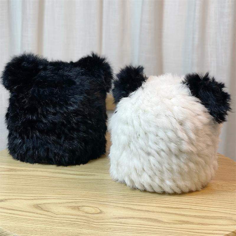 Bear Ears Rabbit Fur Hat Women's Autumn and Winter Woolen Hat Baotou Hat Warm and Show Face Small Knitted Fur Hat Rex Rabbit Fur