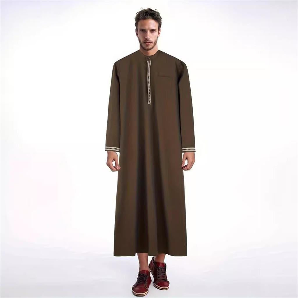 Solid Color Lace Ribbon Stand Collar Long Sleeve Pocket Robe For Muslim Men