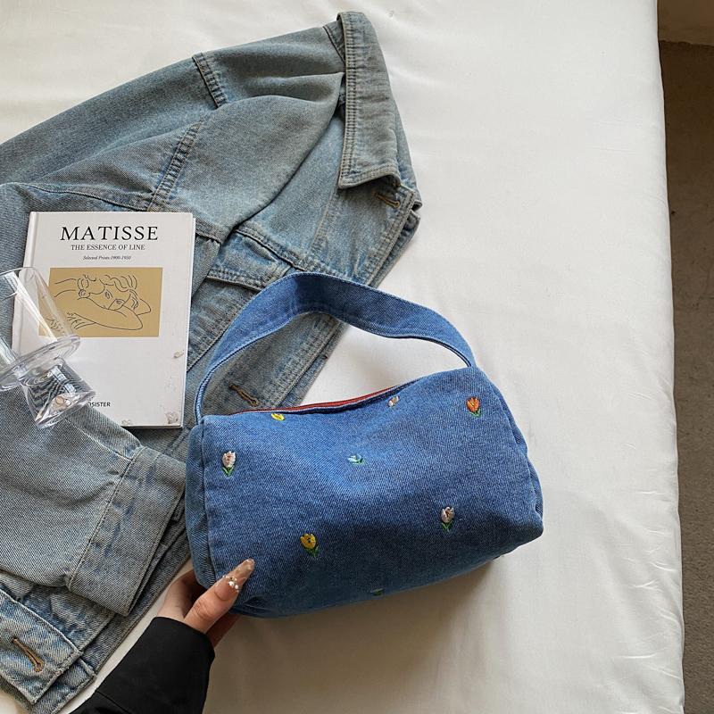 Denim Small Square Bag Flower Embroidery Lightweight Women's Shoulder Bag