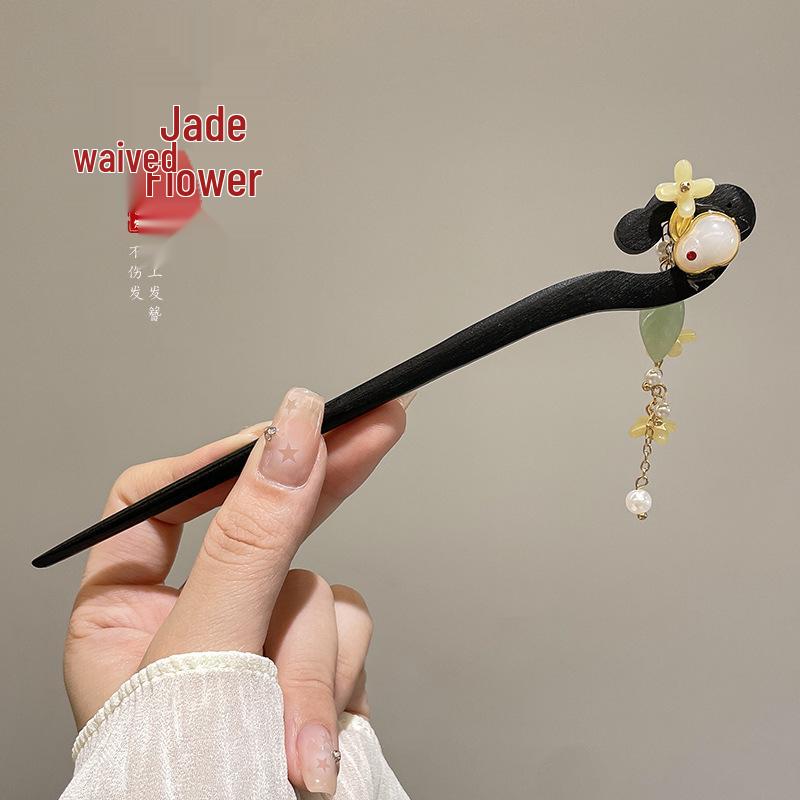 High-End Chinese Wooden Hairpin with Tassels – Ancient Style Ebony Faux for Women
