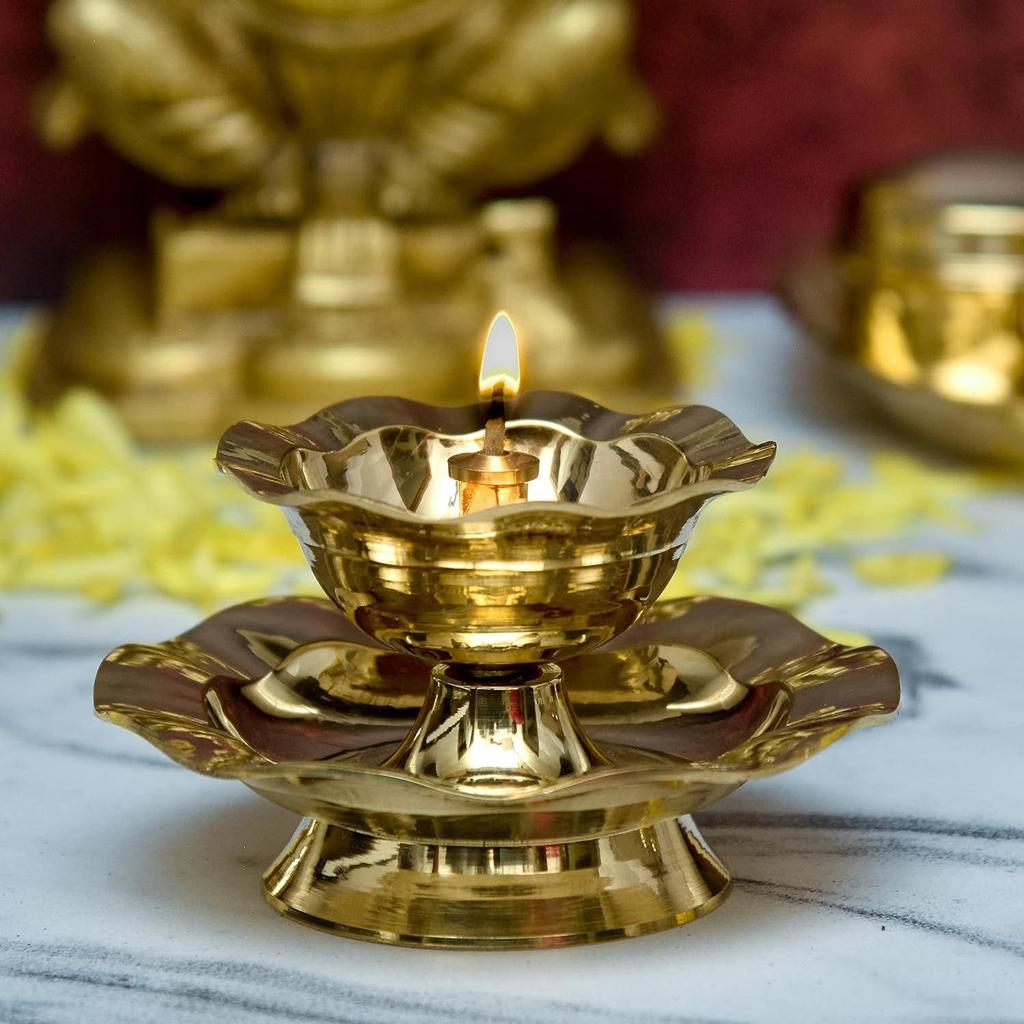 Bhimonee Decor Pure Brass Nanda Akhand Jyoth Table Diya | Traditional Plate Design Deepak for Pooja