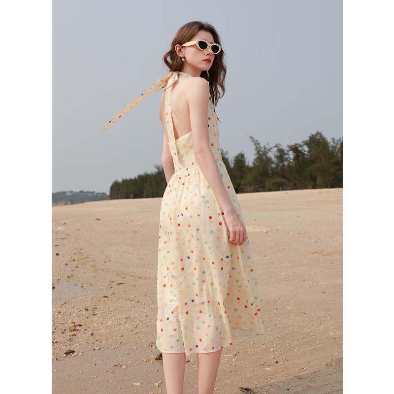 SANCITY 2025 Summer French Retro Halter V-neck Polka Dot Dress