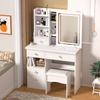 Vanity Desk with LED Lighted Mirror Bedroom Dressing Table Makeup Desk with Stool 5 Drawers Open Shelves Hidden Storage Space