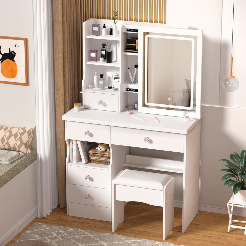 Vanity Desk with LED Lighted Mirror Bedroom Dressing Table Makeup Desk with Stool 5 Drawers Open Shelves Hidden Storage Space