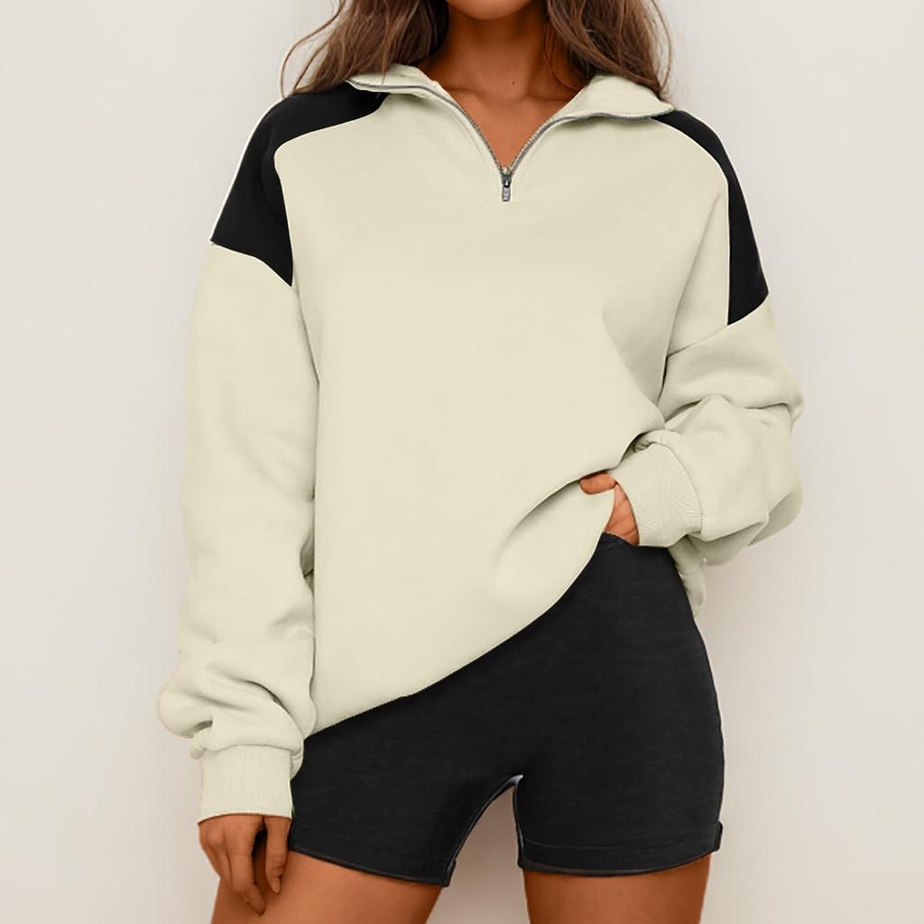 Womens Quarter Zip Pullover Sweatshirt Loose Fit Casual Plain Pullover Hoodie Lightweight Long Sleeve Top for Everyday Wear