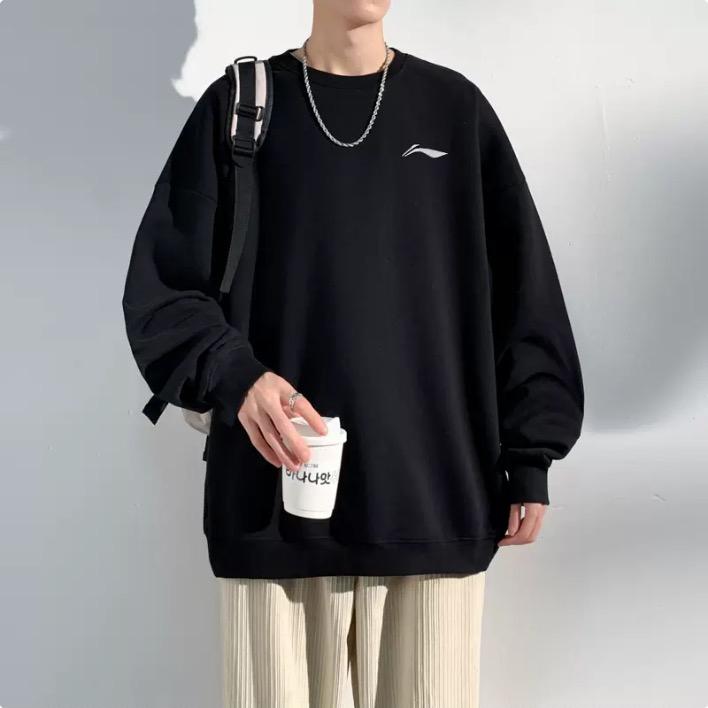 Li-Ning Solid Color Round Neck Logo Casual Knitted Sports Fleece Sweatshirt Men Sweatshirt Black AWDTD91-1