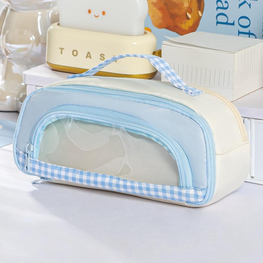 Cute Checkered Window Pencil Case with Handle Multilayer Large Capacity Storage Pouch Contrast Color Design Multi-Function A3224