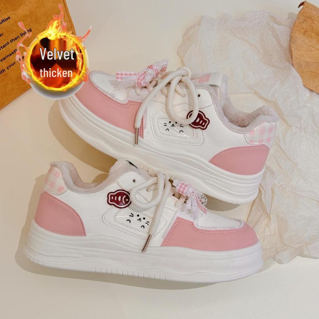 Versatile Children's Winter Plus Velvet Cat-Design Casual Warm Sneakers - White, Women's Sports Flat Shoes