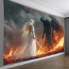 Fantasy Tapestry  Blonde Warrior Facing Demon in Flames Polyester Wall Hanging for Living Room Bedroom Office or Party Deco