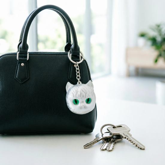 Playful Cat Bag Decoration 3D Printed Head Keychain, Cute Kawaii Kitten Charm with Pearlescent Finish & Bright Green Eyes, Lightweight Animal Pendant