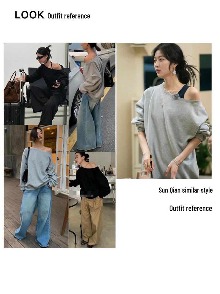 Louvre Spring Korean Athflow One-Shoulder Relaxed Sweatshirt for Women
