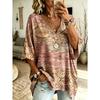 Modern Geometric Line Printed T-shirt, Plus Size V-neck Women's Ethnic Style, European and American Art Three-quarters Bat Sleeve Casual Top