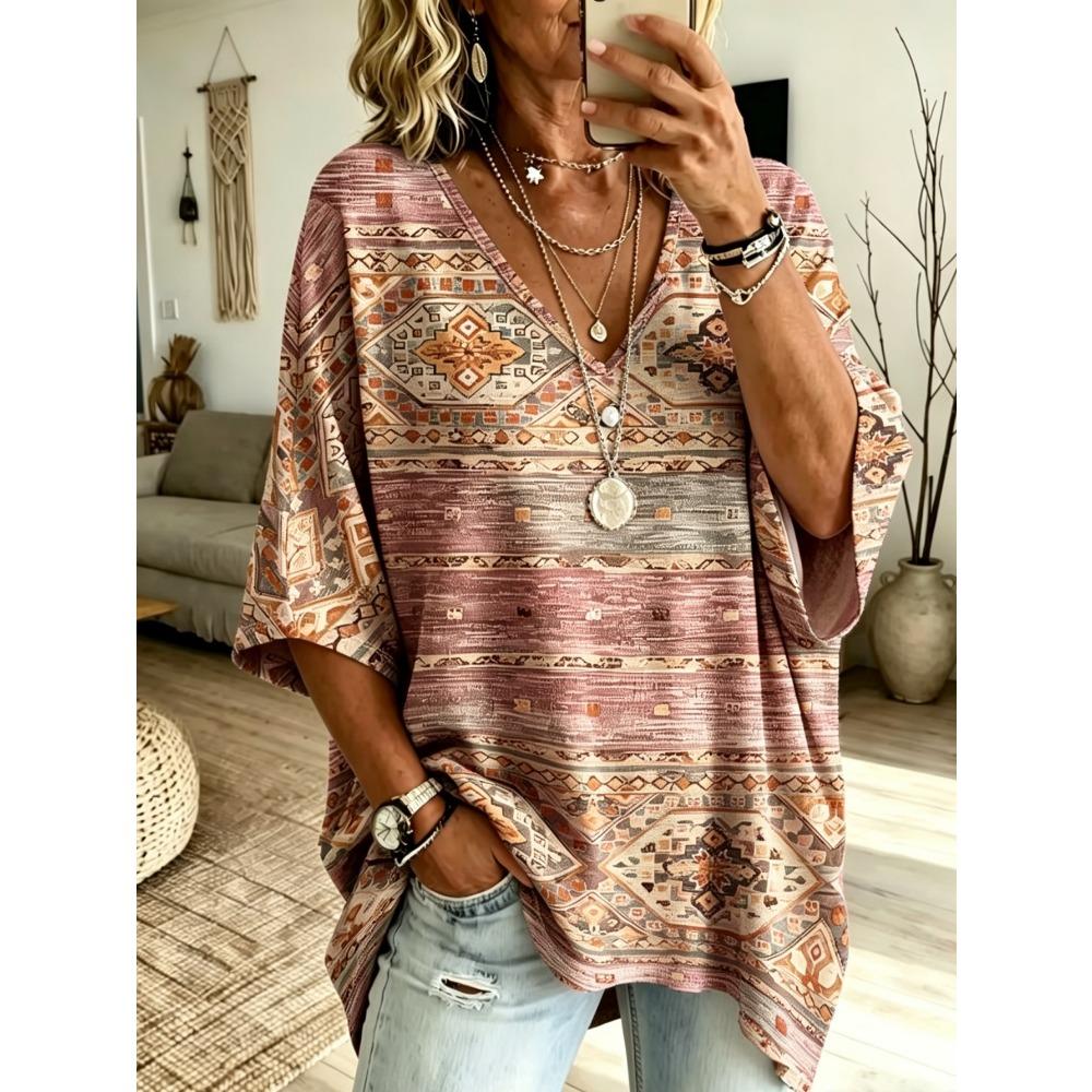 Modern Geometric Line Printed T-shirt, Plus Size V-neck Women's Ethnic Style, European and American Art Three-quarters Bat Sleeve Casual Top
