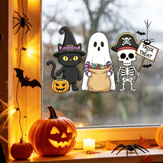 Static Glass Sticker, No Residue Reusable Window Clings, Festive Glass Decal with Halloween Dwarf Wizards Black Cats Ghosts Skeletons Pattern