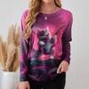 Spring and Autumn Fashion 3D Dog and Cat Printed Top Round Neck Long Sleeve Women's T-shirt