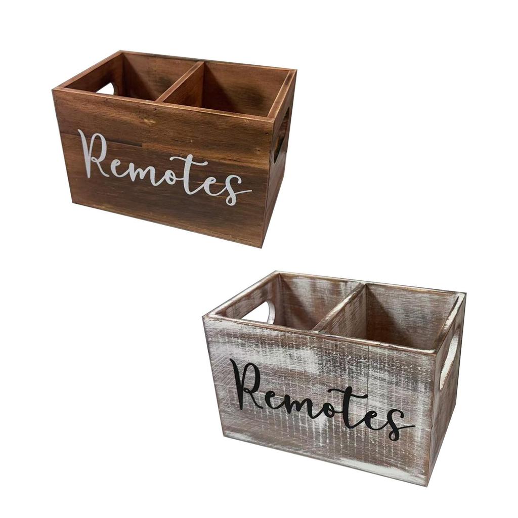 Remote Control Holder 2 Compartments Farmhouse Wooden Desk Organizer for Countertop Bedroom Nightstand Home Office Supplies