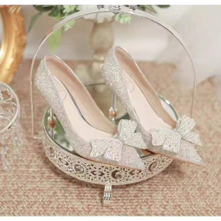 Silver Wedding Shoes Bridal Shoes 2025 New White Main Wedding Dress Xiuhe Crystal Shoes Fairy Style High Heels Female Stiletto