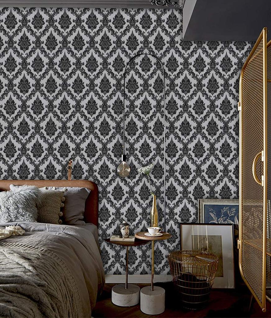 Schäl- und Klebewandverkleidung für Schlafzimmer Schwarzes Kontaktpapier Schwarz und Silber Selbstklebende Wandverkleidung Dekor Vinylfolie Wandverkleidung