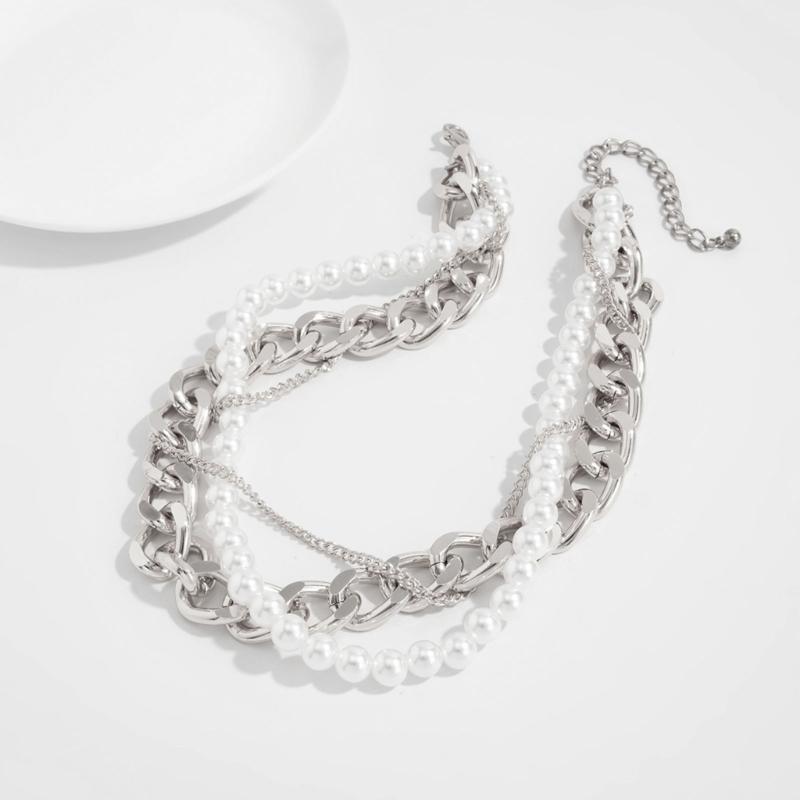 Double Layer Geometric Designs Collar Necklace with Imitation Pearls for Women Trendy Neckchain Fashion Jewelry