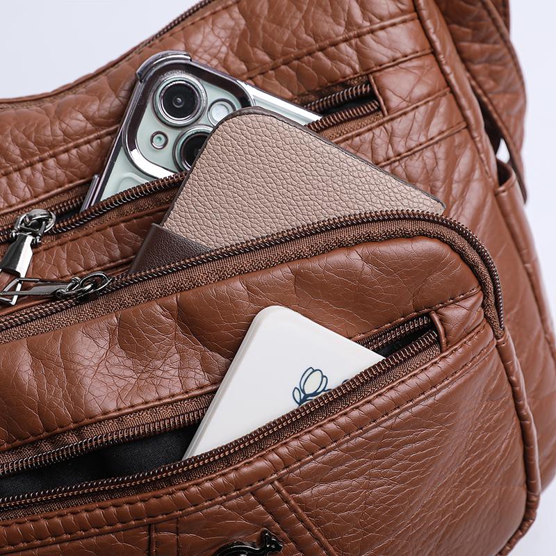 Women's Soft Leather Bag Middle-Aged Mother Crossbody Bag Large Capacity Multi-Pocket Commuter Shoulder Bag