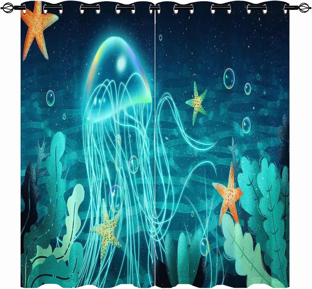 Ocean Animal Landscape Window Curtain, Coral with Nautical Map, Thin, Octopus, Living Room, Bedroom Decor