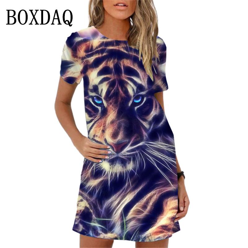 Nuovi Abiti Primavera Donna Moda Stampa Tigrata Manica Corta Abito Estivo Casual Oversize A-line Mini Abito Donna