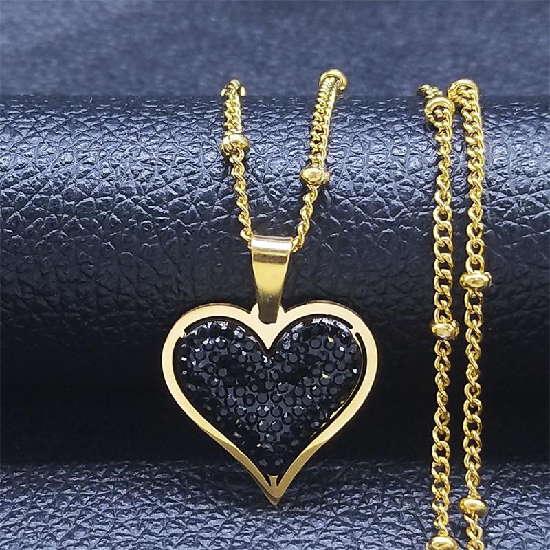

2026 Stainless Steel Black Crystal Heart Necklaces Charm Women Gold Color Small Pendants Necklaces Jewelry Bijoux N8261S01 60CM