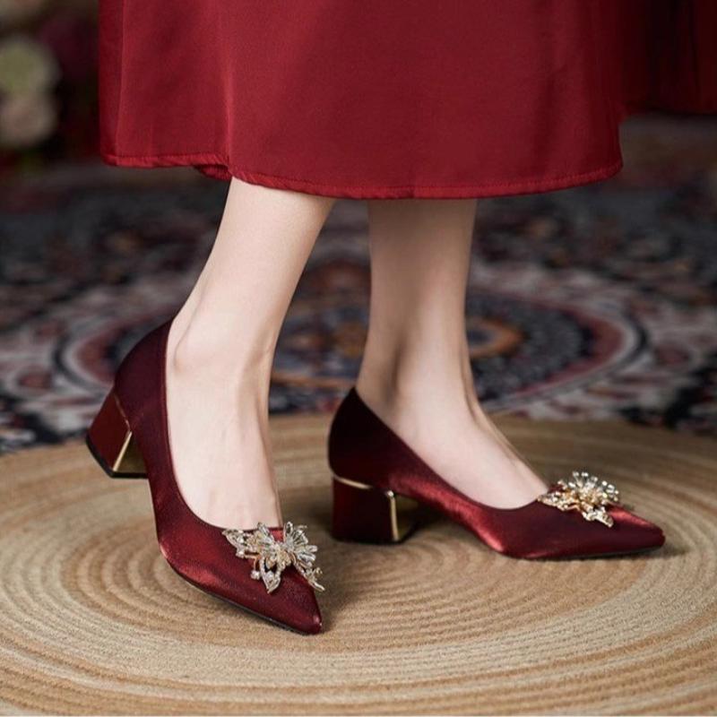 Women's Shoes High Heels Pointed Toe Thick Soled Sandals Lace Up 2025 Slip On Sexy High Heels Burgundy