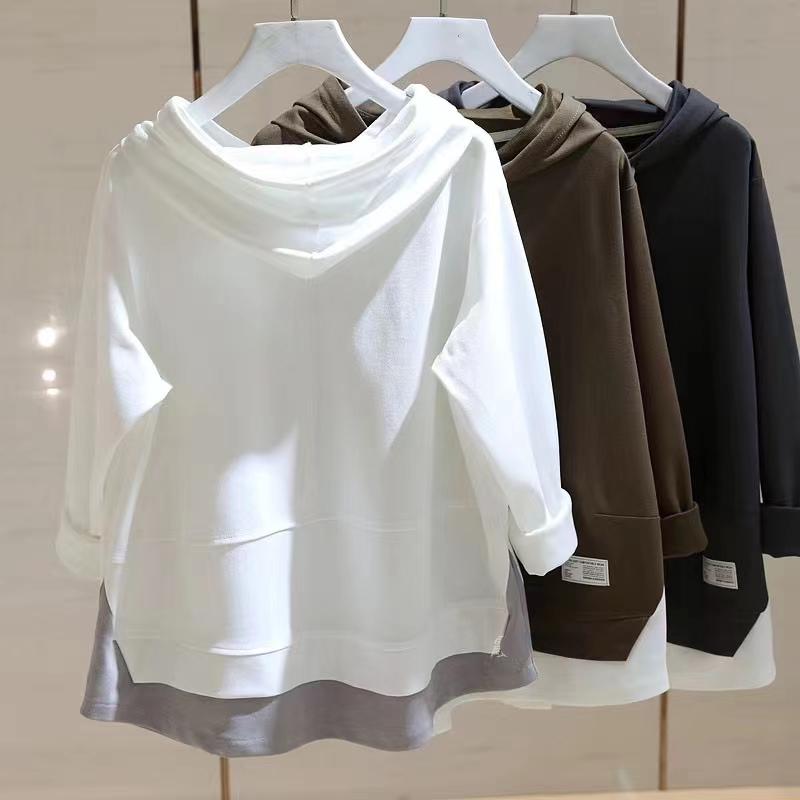 Dimanaf 2023 New Plus Size Women Hoodies & Sweatshirts Full Sleeve Patchwork Loose Solid Casual O-Neck Autumn Basic Tops 2023 Hat T-Shirt New Pullover