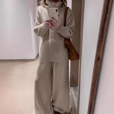 Women's Lazy Style Knitted Autumn/Winter Outfit: Wide-Leg Pants & Cardigan Two-Piece Set