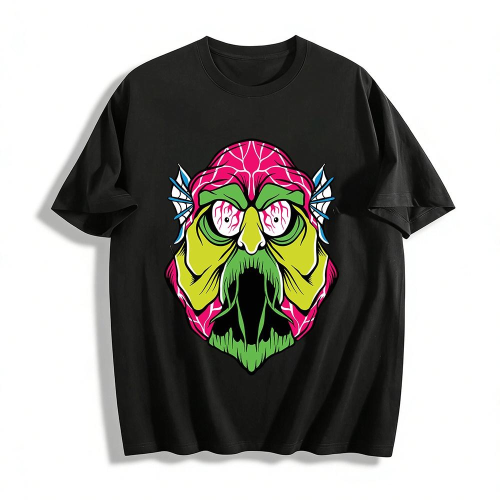 Crazy Veined Fish Head Monster Print T-Shirt Trendy Street Style Loose Tee Pure cotton T-shirt XXS