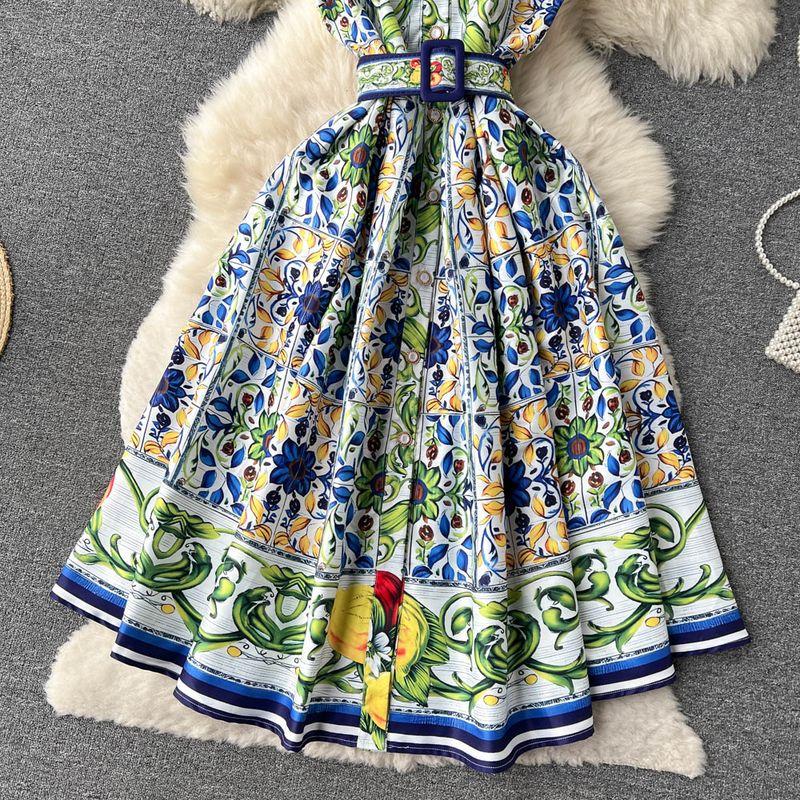 Spring and Summer New Arrival Palace Style Sleeveless Lapel and Waist Tight Western Style Slimming Fashion Print Mid Length Long Length Dress Fashion